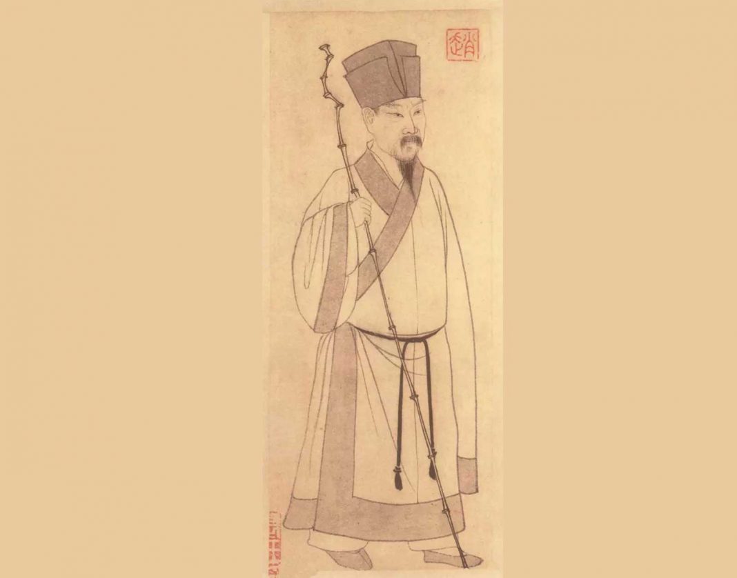 This painting, depicting Su Shi (蘇軾), appears as the frontispiece in the Album of Both Odes on the Red Cliff (赤壁二賦冊), a calligraphic work by Zhao Mengfu. It was painted by Zhao Mengfu to supplement his calligraphy