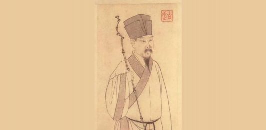 This painting, depicting Su Shi (蘇軾), appears as the frontispiece in the Album of Both Odes on the Red Cliff (赤壁二賦冊), a calligraphic work by Zhao Mengfu. It was painted by Zhao Mengfu to supplement his calligraphy