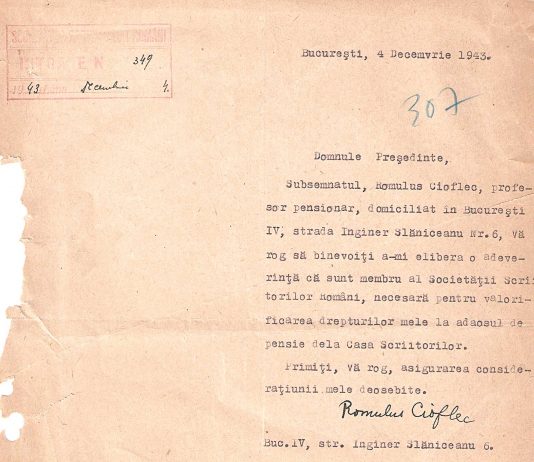 „Adaosul” la pensie al scriitorilor din 1943 Anexă - Cererea lui Romulus Cioflec