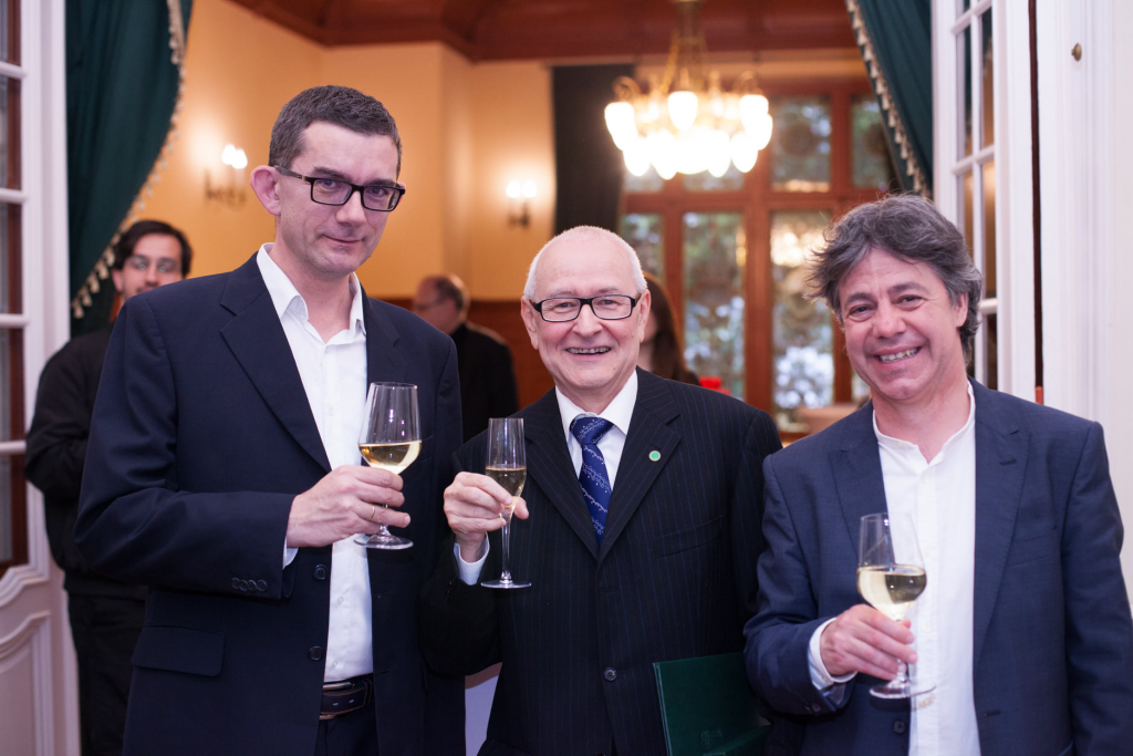 Karácsony Zsolt, autorul Laudatio, George Volceanov și Kósa András László, directorul Institutului Liszt din București